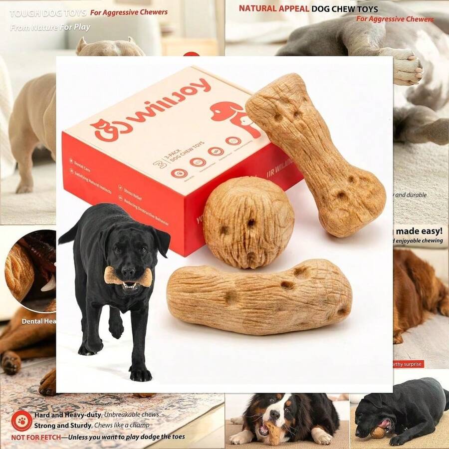 Willjoy Dog Chew Toys For Aggressive Chewers, Tough Dog Toys For Aggressive Chewers, Pine Wood And Nylon Indestructible Dog Toy, Bacon Flavor Large Dog Toys To Keep Them Busy - 3 件裝 DuraDumb/RollBall/CurveBone - 查看 1