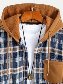 男士复古拼布棕色格子纽扣设计单口袋连帽外套和裤子两件套，休闲日常穿着，通勤，家居，秋冬新款，舒适服装