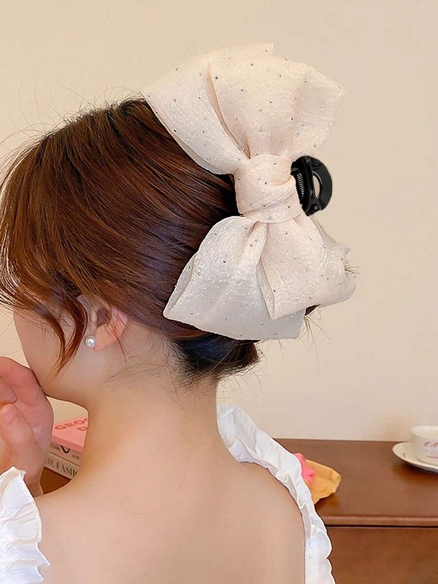 1件装女士纯色网纱水钻蝴蝶结大号发爪夹，双层网纱蝴蝶结大号发夹，适合日常搭配、舞会、派对、度假等各种场合，四季皆宜，女士发夹，优雅发卡，秋季配饰，秋冬夏季沙滩风情 - 米色 - 查看 1