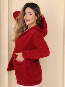 Plush Coat Teddy Blouse With Hood And Pocket - 紅色 - 查看 7