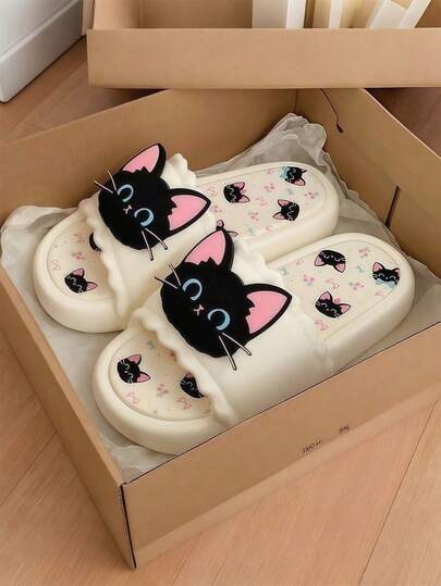 1 Pair Cute Sweet Little Black Cat Design Women's Slide Sandals, Soft Bottom Indoor/Outdoor, Dorm, Home, Bathroom Slippers (These Slippers Are Designed In Accordance With Asian Sizing-They Tend To Run Small. Please Choose Carefully Based On The Sizing Chart Provided)