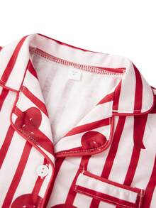 Family Matching Pajama Set Lapel Neck Button-Up Long Sleeve Tops Long Pants 2-Piece Bow/Solid Color Loungewear Outfit - Red - View 8