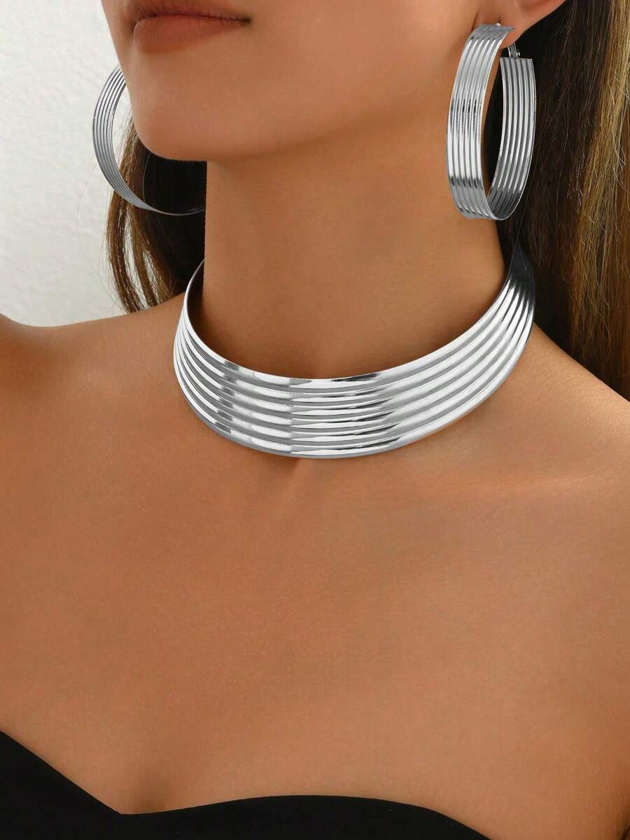 3pcs/Set Geometric Metal Exaggerated Gold Tone Choker Necklace & Earrings Set - Silver - View 1