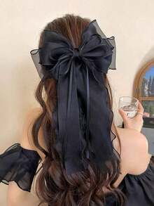 Topshiny 1pc Elegant Soft Black Lace Net Bow Decor Hair Clip With Ribbon Claw Clips Hair Claws Hair Barrettes, School Stuff, College, Bows, Cute - 黑色 - 查看 2