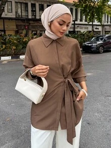 DAZY 系带落肩衬衫，长袖上衣，秋季时尚简约服饰 - 咖啡棕 - 查看 5