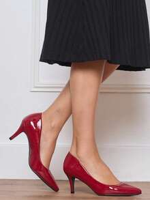 Tacones altos de punta elegantes y brillantes de unicolor para mujer - Rojo - Ver 5