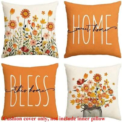 4pcs Orange Floral Pattern Cushion Covers, Single-Sided Printing, Square Pillow Covers For Living Room Sofa Bedroom, Suitable For Spring/Summer Farmhouse Decor, Applicable For All Seasons
