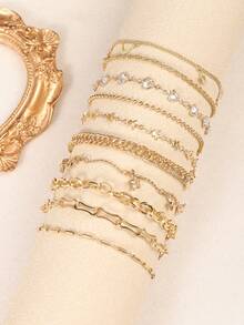 10 件/套优雅铜镶嵌星星和心形锆石手链套装，适合女性日常佩戴 - 金色1459 - 查看 10