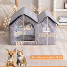 可折叠狗猫窝防水宠物庇护所，采用双顶设计，优雅隔热保暖狗窝，适合中小型犬和猫 - 灰色 - 查看 4