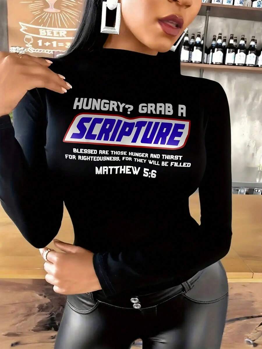 Holiday Outfits For Women - 'Grab A Scripture' Tee, Long Sleeve Turtleneck T-Shirt With Matthew 5:6 Graphic Print - Casual Christian Apparel - 黑色 - 查看 1