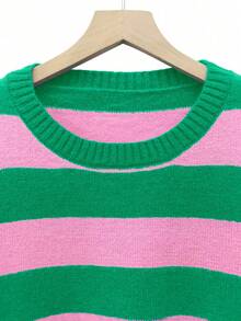 Fall Women Striped Oversized Pullover Sweater, Crew Neck,Drop Shoulder,Relaxed Fit,Retro Vibe,Korean Casual,Easy Comfort For Back To School Sweater,Festive Red Sweater,Christmas Gift New Year Eve Valentine's Date - Green - View 6