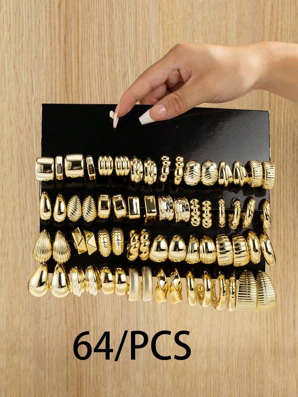 2-16-64pcs/Set Fashionable Glossy Water Drop & Geometric C-Shape Earrings, Bamboo Knot Jewelry, Suitable As Thoughtful Gift For Lover, Relatives, Friends, Everyday Wear