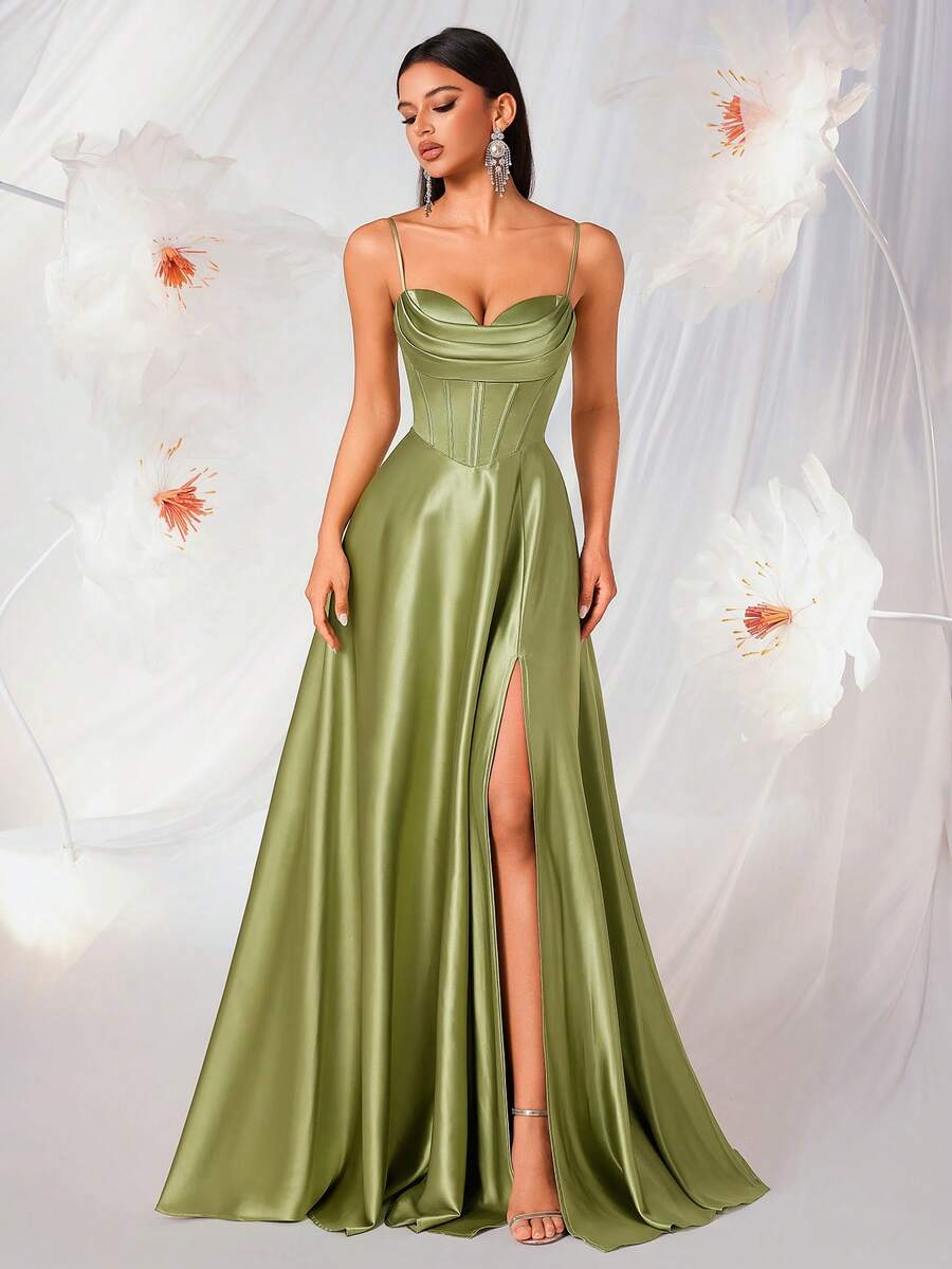 Elisanya Women's Elegant Spaghetti Strap Pleated Fishtail High Waist A-Line Backless Tie Dress - Green - View 1
