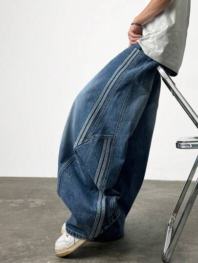 1件 Justice Brother 复古茧型男士牛仔裤，喇叭拼接宽松休闲阔腿裤