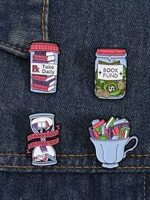 4Pcs Book Fund So Many Books Enamel Pins The Teacup Is Filled With Books Custom Brooches Lapel Backpack Badge Jewelry Gift For Friend - Multicolor - View 4