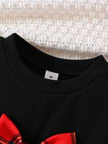 مجموعة تنورة مربعات ولباس علوي كروشيه بأكمام منتفخة وياقة طاقم، أكمام طويلة للربيع/الخريف، قطعتان/مجموعة - الأسود - مشاهدة 3