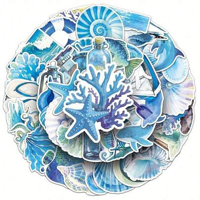 50pcs Blue Ocean Watercolor Cartoon Cute Doodle Stickers, Creative Decorative Stickers For Boxes, Skateboards, Water Bottles, Guitars, Self-Adhesive