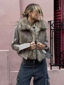 Gilet smanicato da donna invernale alla moda, con collo a bavero, in finta pelliccia, vintage, caldo e slim - Castano - Visualizzare 3