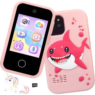 Brinquedo smartphone infantil, telefone celular de brinquedo tubarão para crianças, telefone de brinquedo com tela sensível ao toque IPS de 2,8 polegadas com câmera dupla, gravação de vídeo 1080p, tocador de música, presente de Halloween para meninos e meninas de 3 a 10 anos, presente de volta às aulas, inclui cartão de 32 GB