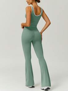 NcmRyu 1 Set Women's High Elasticity Contrast Color V-Neck Waist Cinching Casual Everyday Wear Yoga Fitness Suit (Top & Pants) - Green - View 7