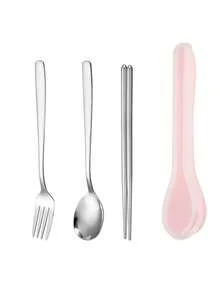 3 件套不锈钢餐具套装和 1 件随机颜色收纳盒，厨房，圣诞礼物，学校用品