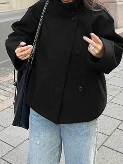 Women's Single-Breasted Long Sleeve Warm Fashion Overcoat, Solid Color Knitted Fabric, Button Closure