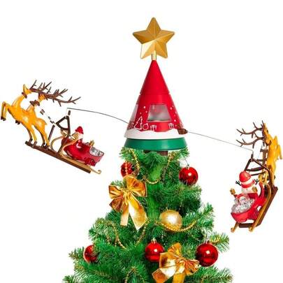 Bakaji Puntale Rotante con Slitte di Babbo Natale e Renne, Decorazione Addobbo per Albero Luminoso con Luci LED Bianco Caldo, Decorazioni Addobbi Natalizi Musicali Girevoli con Attacco USB