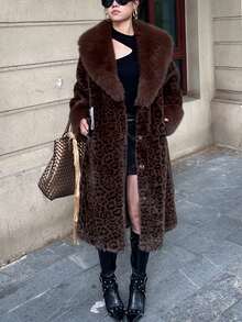 Oversized Women's Lapel Coat, Thick Leopard Print Patchwork, Faux Fur Tie-Waist, Super Warm Furry Autumn/Spring Jacket, Cold-Proof Winter Fashion, Elegant For Daily, Festivals And Gatherings - Leopard - View 2