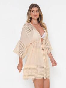 Beach Cover-Up Set With 3/4-Short Sleeve Top And Short Shorts - 米色 - 查看 4
