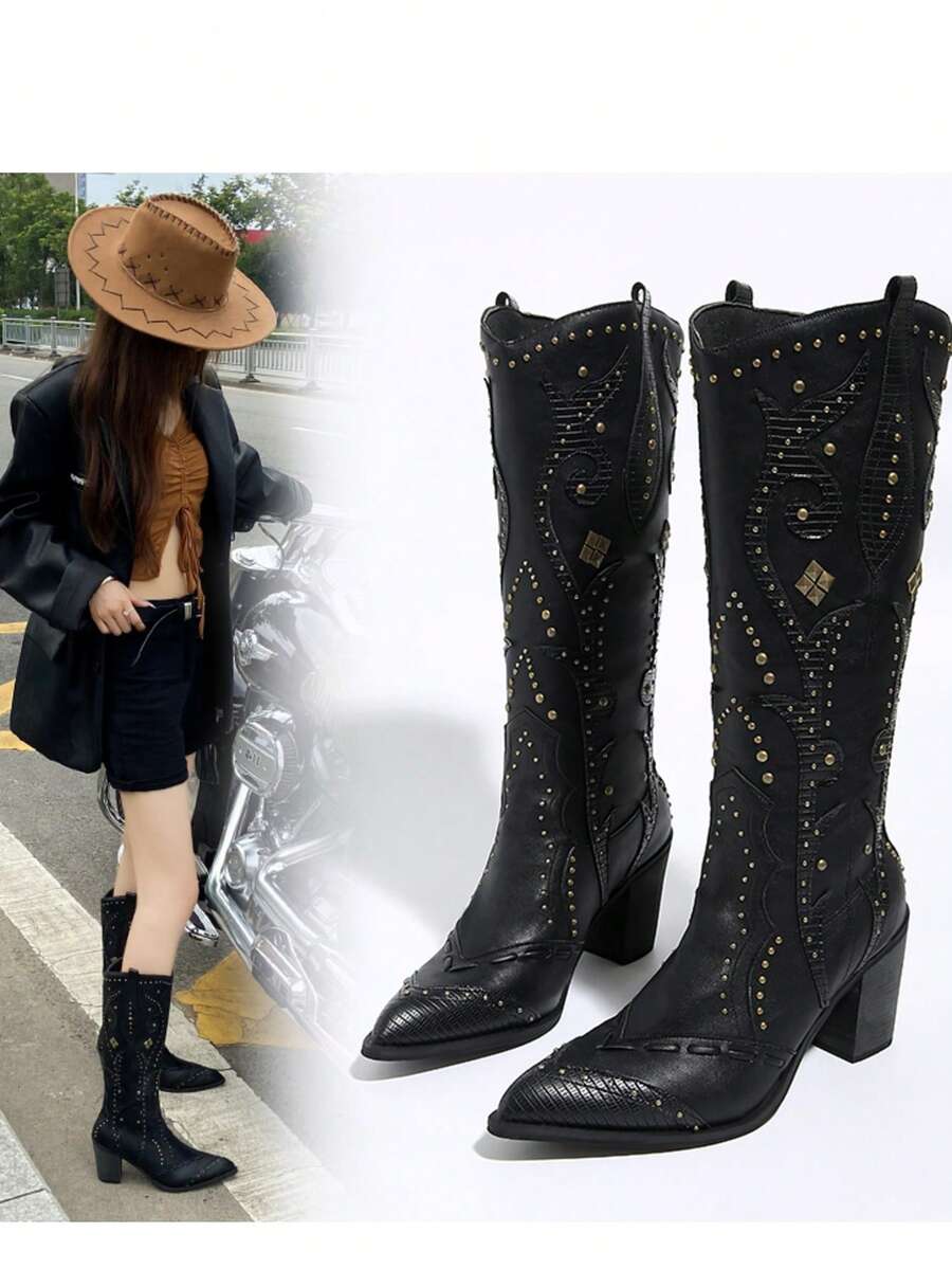 2025 Nouvelles bottes mode femme, style western  avec rivets, bout pointu, talon épais. Idéal pour les vacances en automne/hiver
