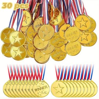 30/50/100 pezzi Medaglie in plastica dorata con nastro collana - Placcato oro lucido, materiale PP durevole, ideale per sport, giochi, competizioni, spettacoli di talento, concorsi all'aperto, eventi comunitari, feste e omaggi per feste, adatto per premi sportivi, premi di gioco, regali per feste, decorazioni per eventi, articoli motivazionali, accessori per feste, regali per feste di compleanno e attività di gruppo