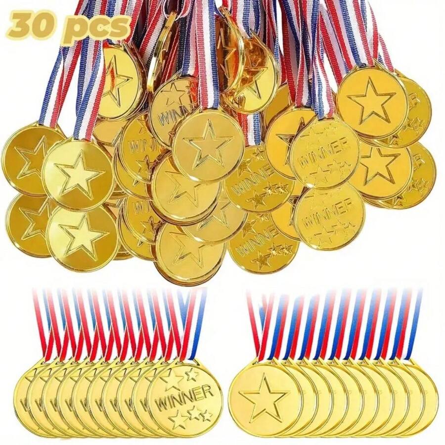 30/50枚金色塑料奖牌，配丝带项链 - 闪亮镀金，耐用PP材质，适用于体育运动、游戏、比赛、才艺表演、户外竞赛、社区活动、派对和派对礼品，适合用作体育奖项、游戏奖品、派对礼物、活动装饰、激励物品。 - 彩色 - 查看 1