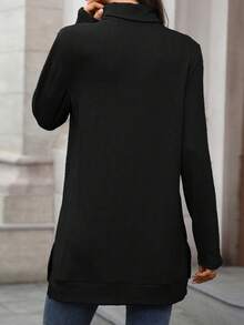 Womens Knit Tops Fall Long Sleeve Turtleneck Solid Color Slit Hem Casual Pullover Sweater - Black - View 6