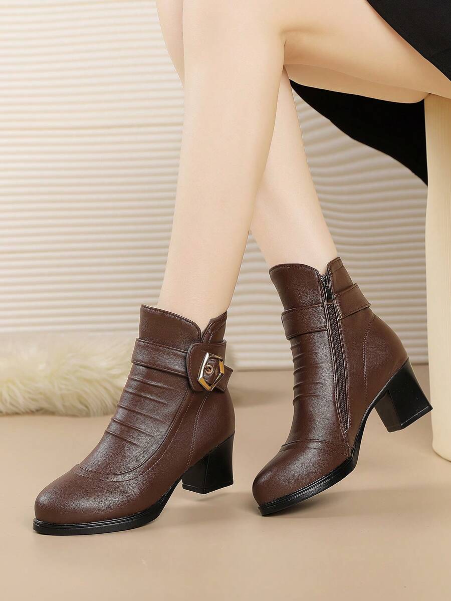 Cizme la modă pentru femei cu cataramă metalică, cizme din piele cu toc înalt și toc gros, maro, cu tijă scurtă, versatile, cu fermoar lateral antiderapant, toamnă/iarnă
