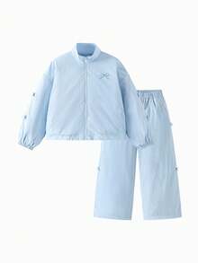 mini bala Bộ đồ hai mảnh nơ dễ thương cho bé gái, áo và quần rộng rãi, mềm mại, thoải mái, hợp thời trang - hồng xanh - Xem 3