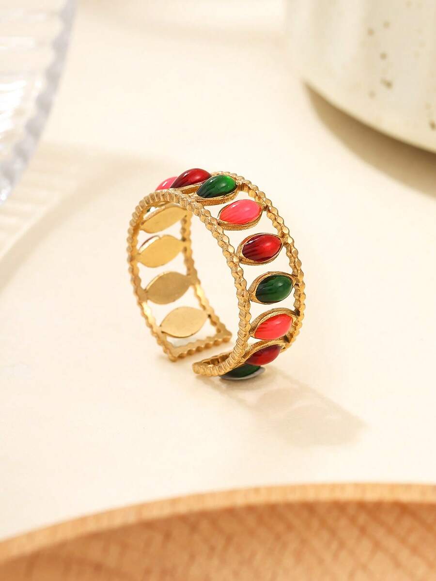 1pc Stainless Steel Golden Yellow, Fashionable And Simple, Multi-Color Oil Drop Craft Open Women's Ring, Suitable For Daily Wear Or Gift Giving