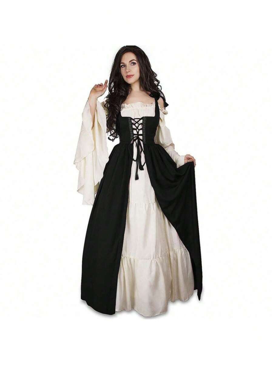 2026 COS Retro Renaissance Court Medieval Dress With Belted Waist, Stage Performance Costume - Black - View 1