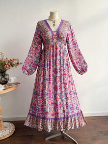 Rusttydustty 大码女式波西米亚风茶会度假印花长袖连衣裙，多色V领层叠下摆飘逸连衣裙，春季优雅 - 紫色 - 查看 4