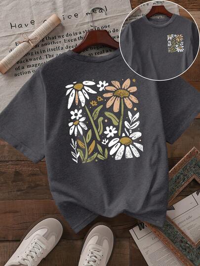 Howell All-Match Fashion Women's Black Short - Sleeve T - Shirt, Hand - Drawn Daisy & Floral Print, Casual & Fresh