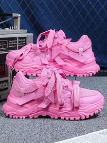Pink Fashionable Platform Chunky Chunky Sneakers For Men, Wide Laces With Removable Christmas-Themed Pink Star Decorations, Suitable For Commuting, Retro High Street Style - Pink Star Peach - View 2