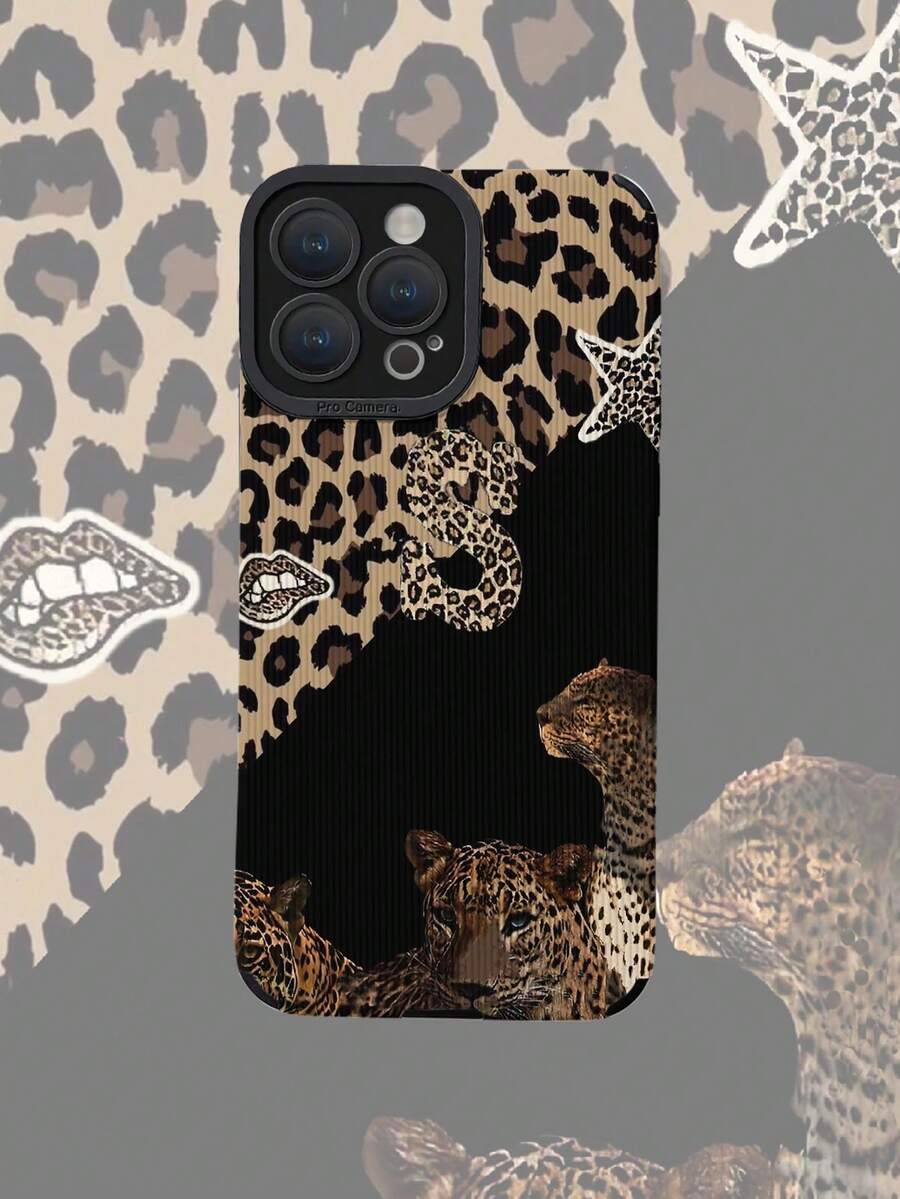 1pc Fashionable Leopard Print S Letter & Leopard Mouth Lip Element Classic Anti-Drop Soft TPU Phone Case Compatible With Apple And - متعدد الألوان - مشاهدة 1