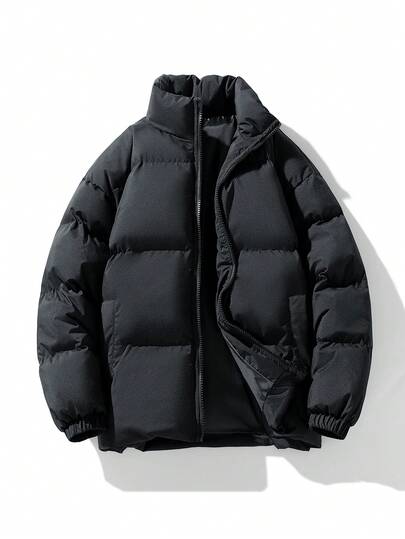 1pc Men's Solid Color Plus Size Thick Padded Coat, Autumn/Winter