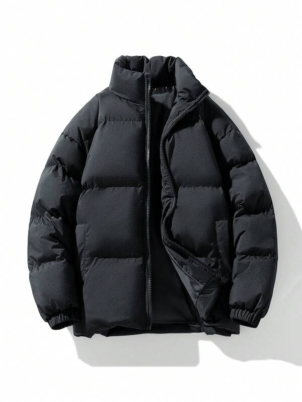1pc Men's Solid Color Plus Size Thick Padded Coat, Autumn/Winter