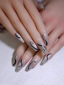10pcs Coffin Handmade Press On Nails With Elegant Strobe Glossy Glitter Silvery Geometric Line French Style Nail Art Design Jade Gray Cat Eye False Nails Reusable Fake Nail Tips Fast Stick & Long Lasting DIY Nail Beauty - Light Grey - View 3