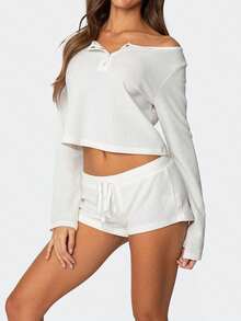 Women's Y2K Waffle Knit Off Shoulder Henley Loungewear Set - 2 Piece Crop Top  Drawstring Shorts  Cozy Chic Pajamas - 白色 - 查看 3