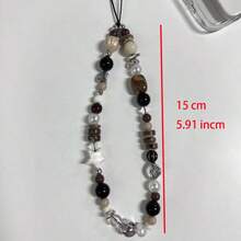 1pc Retro Brown Leopard Print Cat Beaded Phone Lanyard, Short Phone Case Wrist Strap Charm Bead Chain Necklace Camera Hanging Accessory For Women