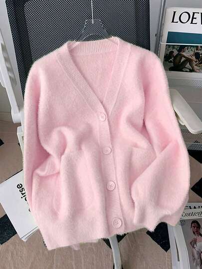 1pc Fashionable & Elegant Faux Fur Pocket Cardigan Sweater, Suitable For Dates, Casual Outdoor Activities And Travel In Autumn/Winter