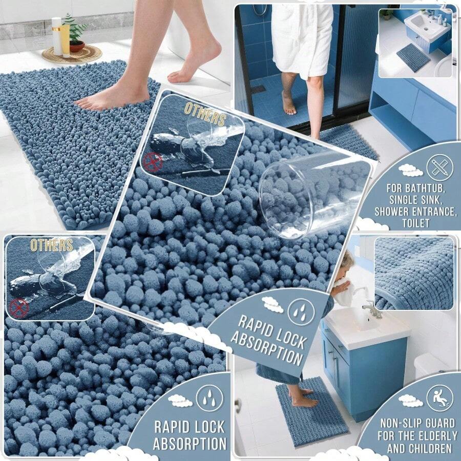 Bathroom Rugs Non Slip Washable 24x17 Inch Ultra Soft Absorbent Chenille Bath Mat Quick Dry Shaggy Floor Carpet For Tub Shower Denim Blue Home Decor Accories