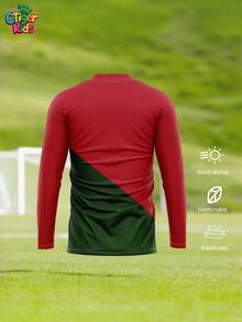 Dziecięca koszulka piłkarska Portugalii w kolorze czerwono-zielonym z długim rękawem i blokami kolorów Ronaldo | Możliwość personalizacji imienia, numeru i logo | Materiał odprowadzający wilgoć i oddychający | Idealny na ligi młodzieżowe, drużyny szkolne, treningi i mecze, prezenty na Halloween, Święto Dziękczynienia, Boże Narodzenie i Nowy Rok