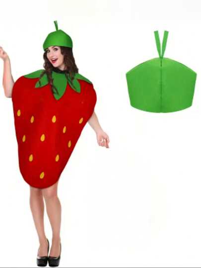 一套男女通用的嘉年华派对表演草莓水果套装，包含头饰，适合各种节日派对和青少年舞会。亮红色和绿色的涤纶混纺面料，是理想之选。